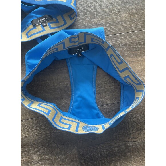 Versace Mediterranean Blue Greca Border High Waist Swimsuit Bikini Set Size 2 - Picture 10 of 13